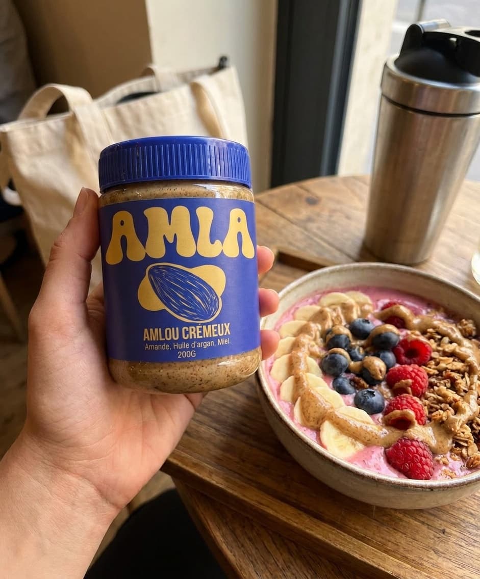 Main tenant le pot AMLA au-dessus d'un smoothie bowl à l'amlou