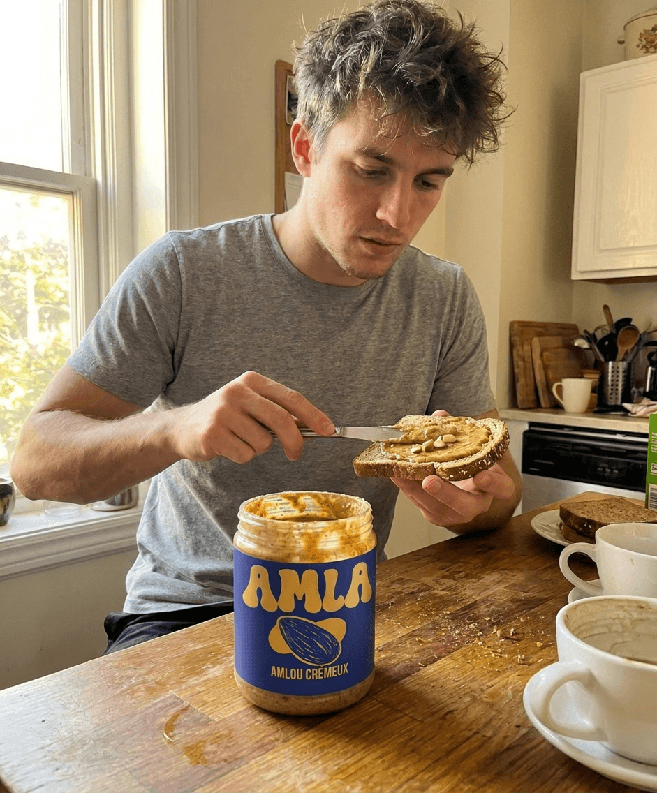 Client tartinant de l'amlou sur un toast au petit-déjeuner