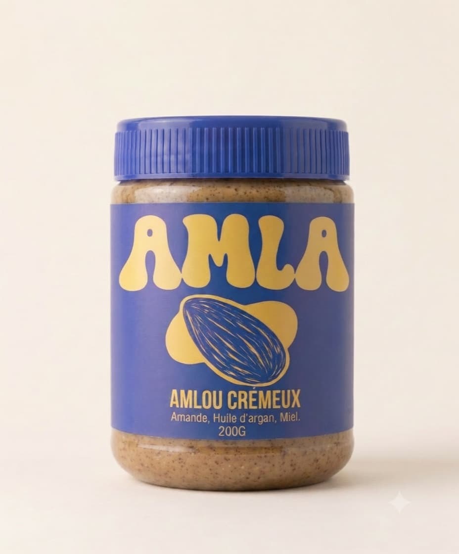 Packshot studio du pot AMLA d'amlou crémeux sur fond crème